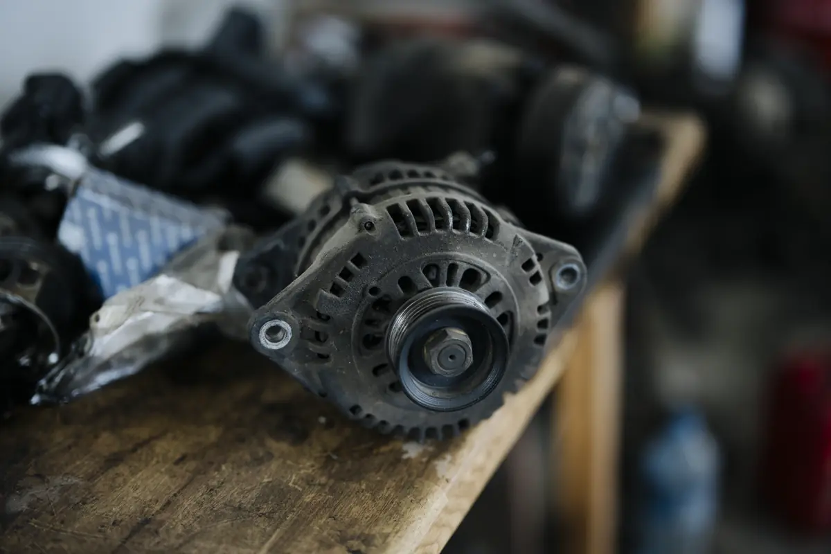 Alternator auto și piese pe bancul de lucru din atelier